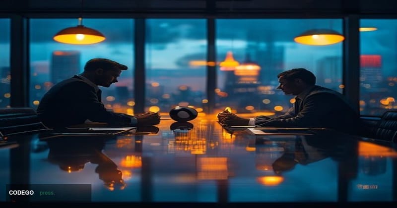 A cinematic editorial photograph set in a dramatic boardroom environment at twilight, with floor-to-ceiling glass windows ove