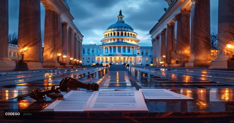 A dramatic wide-angle shot of the United States Capitol Building in Washington D.C. at dusk, with warm amber light casting lo