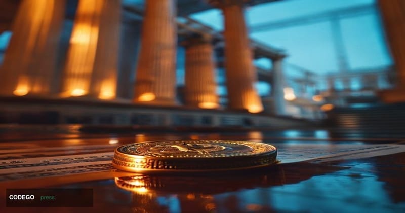 A cinematic editorial photograph capturing the intersection of cryptocurrency and political power. In the foreground, a physi