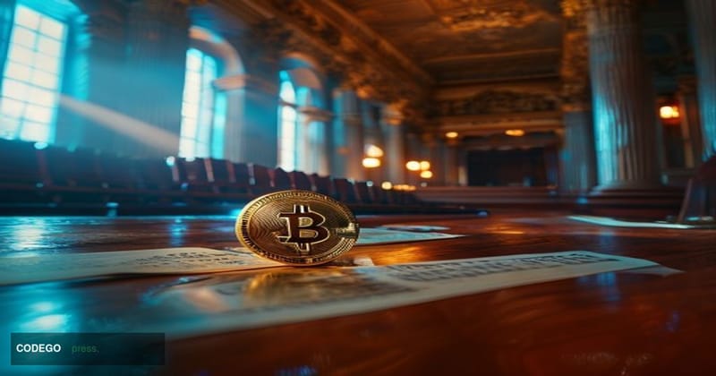 A dramatic cinematic editorial photograph depicting the symbolic convergence of cryptocurrency and political power. In the fo