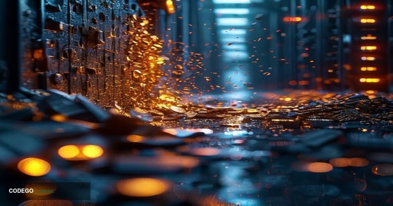 A cinematic editorial photograph shot from a low angle looking up at a massive cracked digital vault door, rendered in dark s