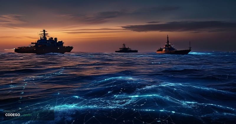A photorealistic cinematic editorial photograph taken from a low-angle wide shot looking across the deep blue waters of the S