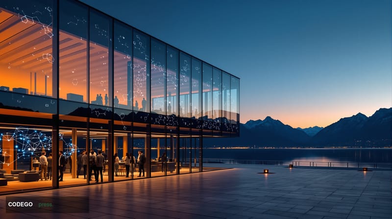 A cinematic editorial photograph of Zug, Switzerland's lakeside corporate district at dusk, with the iconic silhouette of the