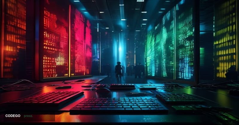 A cinematic editorial photograph depicting a dramatic cryptocurrency trading environment, shot from a low-angle perspective l