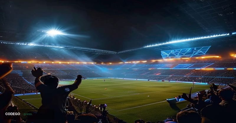 A dramatic photorealistic editorial photograph set inside a packed modern football stadium at night, with the pitch illuminat