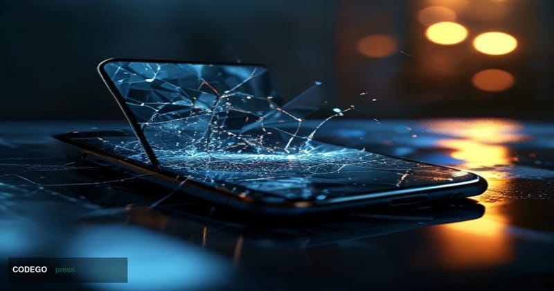 A cracked and fractured smartphone screen displaying a generic crypto wallet interface, set against a dark dramatic backgroun