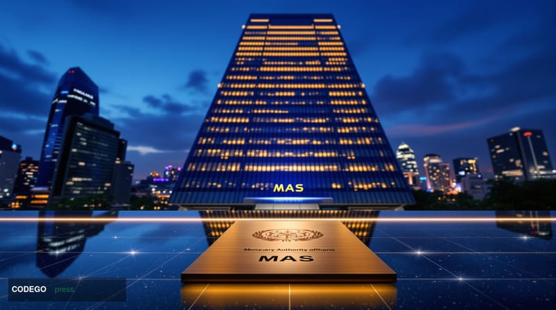 A cinematic editorial photograph of the Monetary Authority of Singapore's striking modernist headquarters on Shenton Way, Sin