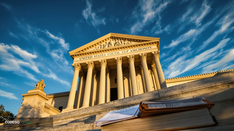 A dramatic cinematic editorial photograph shot from a low angle looking up at the neoclassical marble columns and facade of t