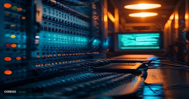 A cinematic editorial photograph depicting a darkened server room environment with dramatic chiaroscuro lighting, cool blue a