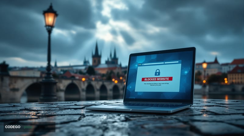 A cinematic editorial photograph set in Prague, Czech Republic, with the iconic Charles Bridge and Gothic spires visible in t