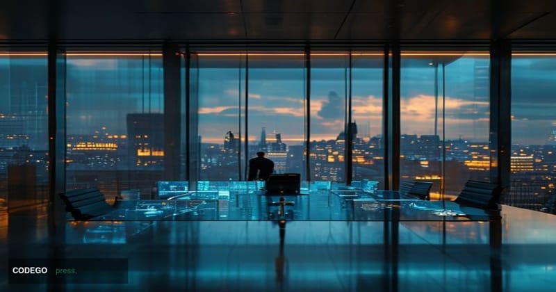 A photorealistic editorial photograph set inside a sleek, modern European banking headquarters — identifiable as German or Sw