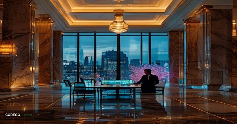 A cinematic editorial photograph set inside a grand, high-ceilinged German or Swiss bank headquarters interior — think marble