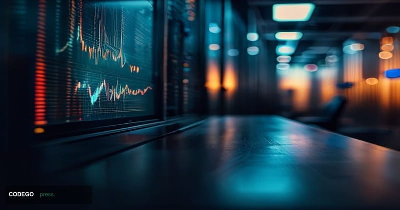A dramatic close-up of a physical trading terminal screen fading to black in a dimly lit cryptocurrency trading floor environ