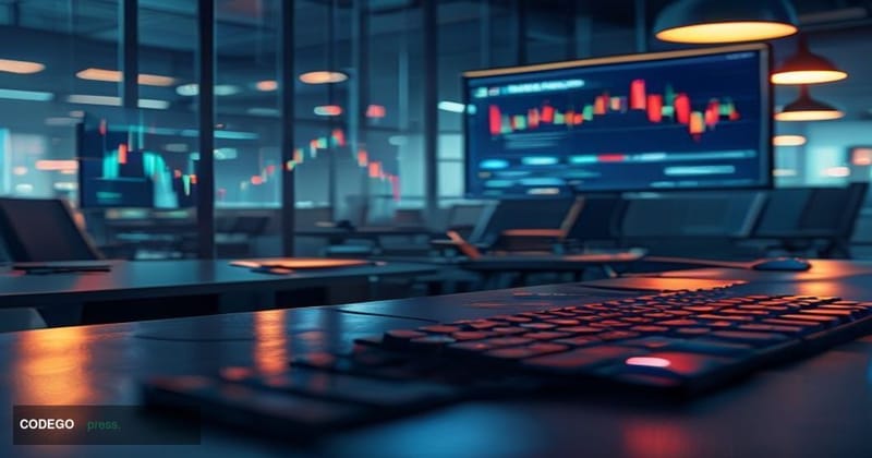 A cinematic editorial photograph depicting a darkened cryptocurrency trading terminal screen with fading candlestick charts a
