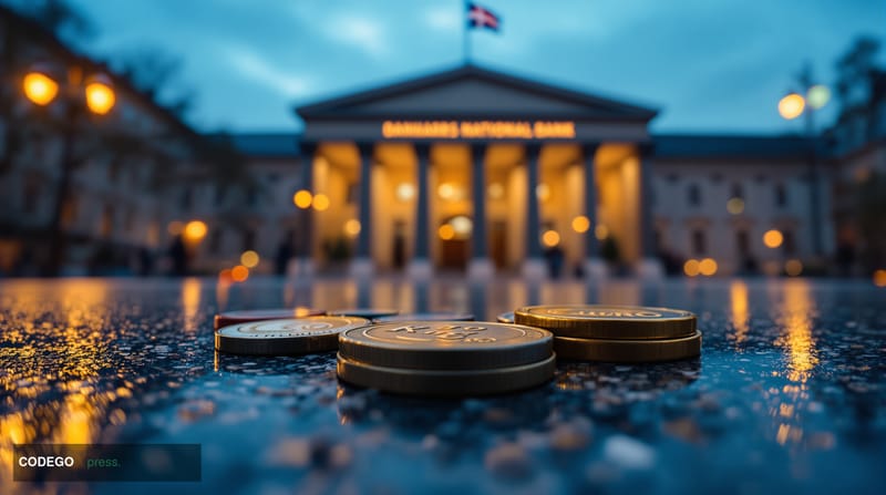 Cinematic editorial photograph of the Danmarks Nationalbank headquarters in Copenhagen, Denmark — a grand neoclassical stone 