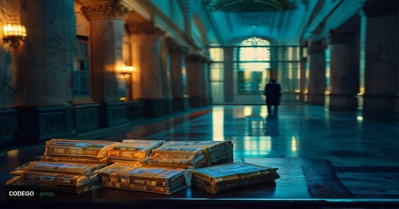 A dramatically lit, cinematic editorial photograph set inside a dimly illuminated United States federal courthouse corridor i