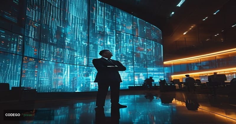 A cinematic editorial photograph set inside a modern bank's operations center, shot from a low angle looking up toward a towe