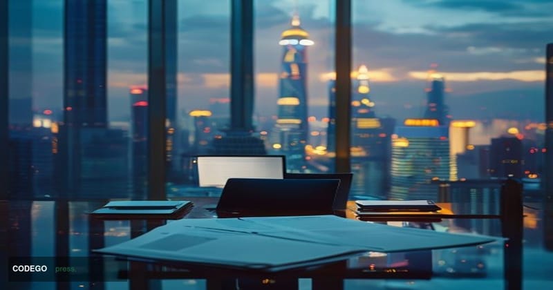A cinematic editorial photograph set in a dramatic Shanghai financial district skyline at dusk, viewed from a low angle looki