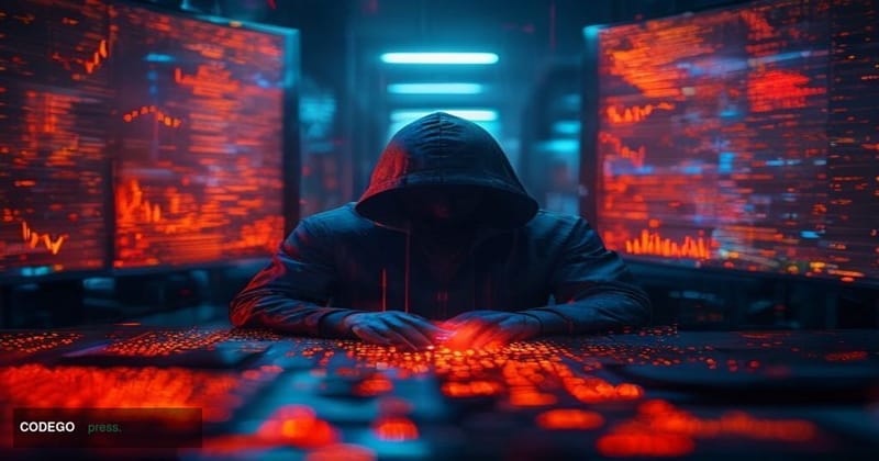 A dramatic cinematic editorial photograph set inside a darkened cryptocurrency trading floor, with multiple screens displayin