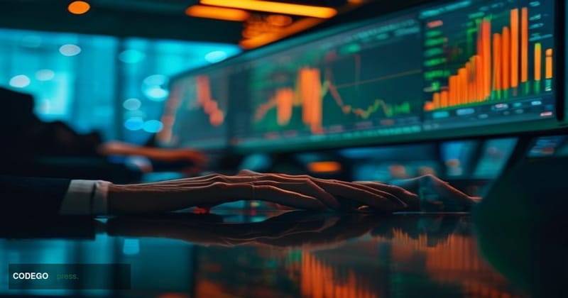 A cinematic editorial photograph set in a dimly lit trading floor environment, with large curved monitors displaying DeFi pro