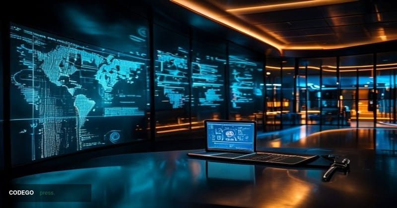 A dramatic cinematic editorial photograph set inside a sleek, darkened enterprise security operations center with curved wall