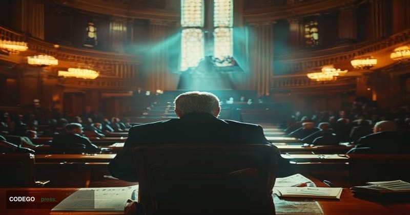 A dramatic cinematic editorial photograph set inside a grand U.S. Senate hearing room, with high vaulted ceilings and mahogan