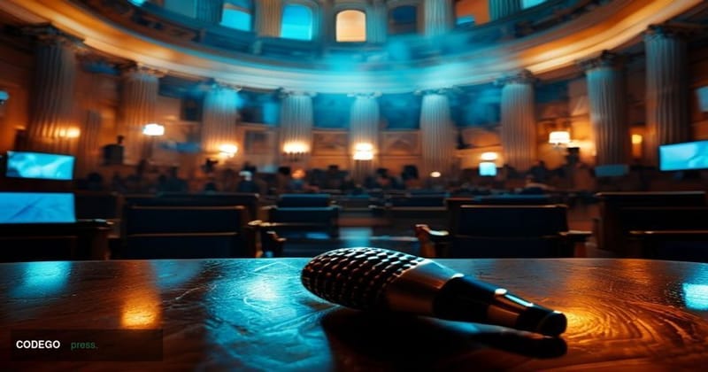 A cinematic editorial photograph set inside a grand United States Senate hearing room, with dramatic chiaroscuro lighting cas