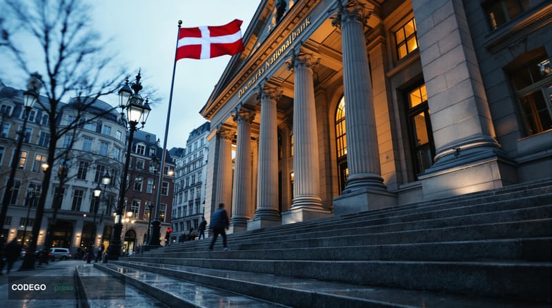A cinematic editorial photograph taken at ground level looking up at the Danmarks Nationalbank headquarters building in centr