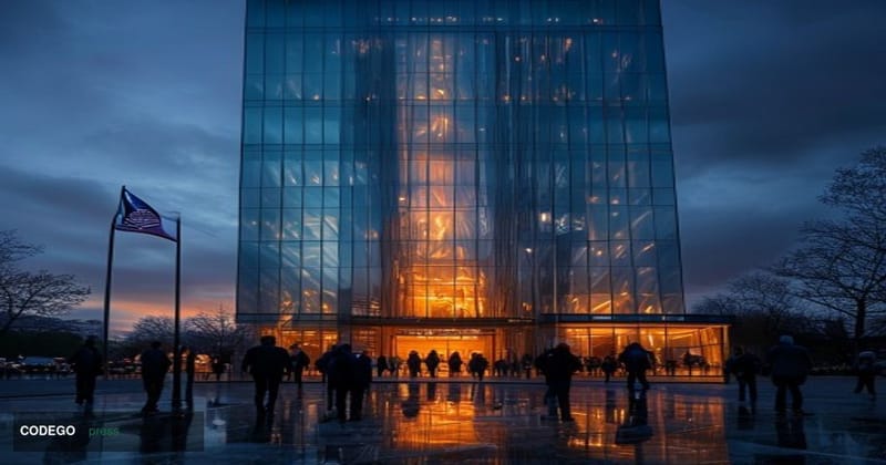 A dramatic cinematic editorial photograph of Deutsche Bank's imposing glass-and-steel headquarters tower in Frankfurt, German