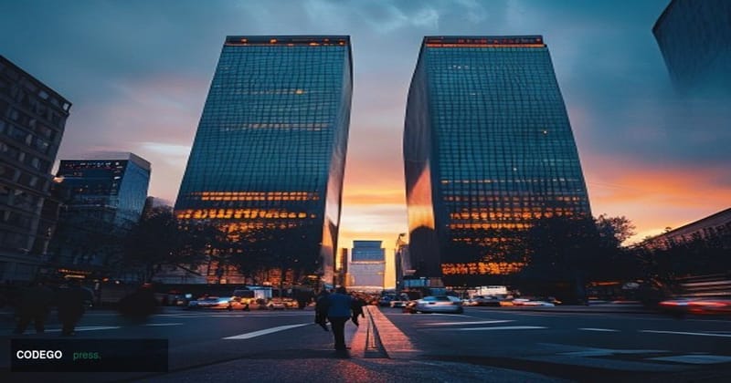 A cinematic editorial photograph of Deutsche Bank's iconic twin-tower headquarters in Frankfurt, Germany, shot at dusk with d