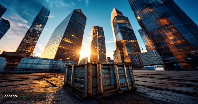 A cinematic editorial photograph shot at dramatic low angle looking up at Deutsche Bank's twin-tower headquarters in Frankfur