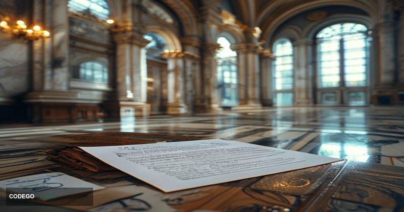 A photorealistic editorial photograph taken inside a grand neoclassical Senate chamber corridor in Washington D.C., with the 