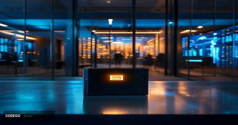 A cinematic editorial photograph set inside a modern institutional-grade financial data vault, shot from a low wide angle loo