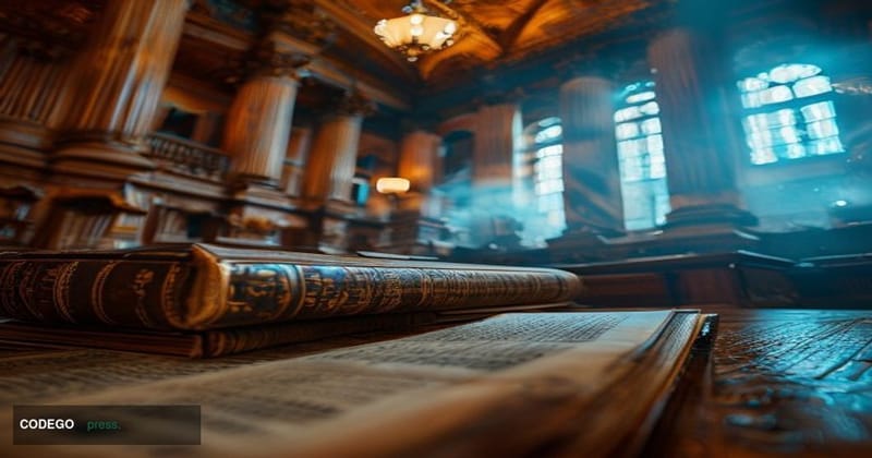 A photorealistic cinematic editorial photograph taken inside a grand marble-columned U.S. Senate hearing chamber, shot from a