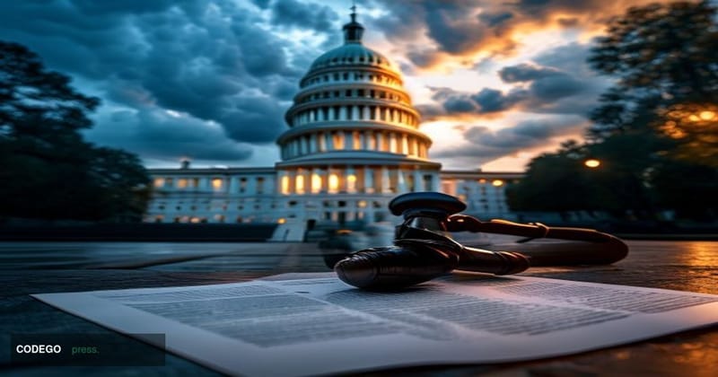 A photorealistic editorial photograph shot from a low angle looking up at the United States Capitol building dome in Washingt