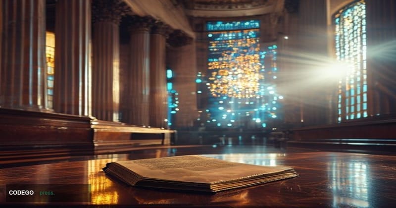 A photorealistic editorial photograph set inside a grand New York federal courthouse interior, with towering marble columns a