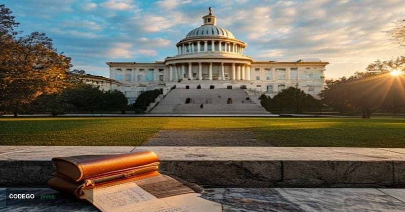 A photorealistic editorial photograph depicting the exterior of the Illinois State Capitol building in Springfield, with its 