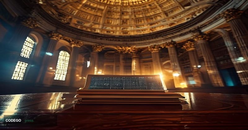 A dramatic photorealistic editorial photograph set inside a grand Illinois state courthouse rotunda, shot from a low angle lo