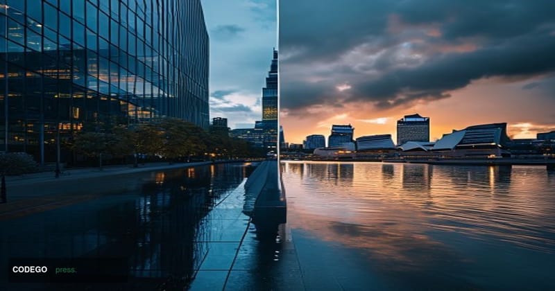 A cinematic editorial split-scene composition: on the left, the steel-and-glass facade of a towering financial skyscraper in 