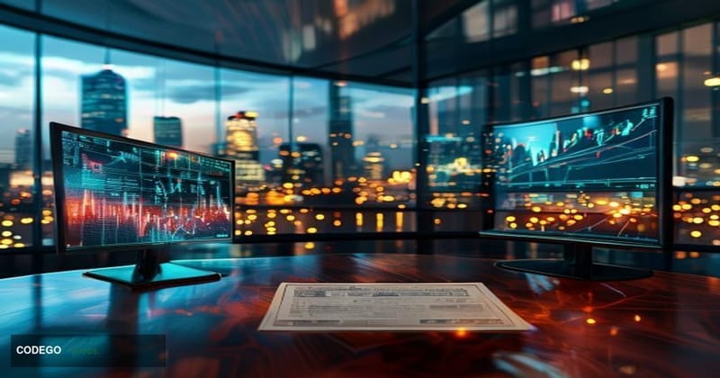 A cinematic editorial photograph set inside a sleek, modern financial trading floor with dual curved screens displaying token