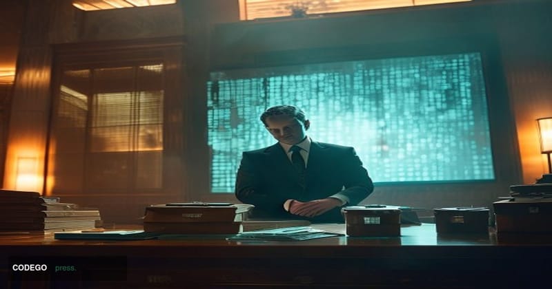 A dramatic cinematic editorial photograph set inside a federal courthouse or law enforcement operations center, with a large 