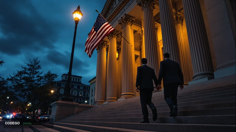 A cinematic editorial photograph depicting a dimly lit federal courthouse exterior at dusk, with imposing stone columns and t