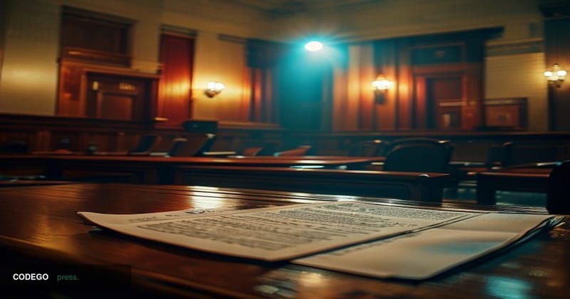 A cinematic editorial photograph set inside a dark federal courtroom in Washington D.C., with dramatic chiaroscuro lighting c