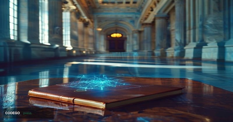 A cinematic editorial photograph set inside a grand federal courthouse corridor in Washington D.C., with marble columns and p