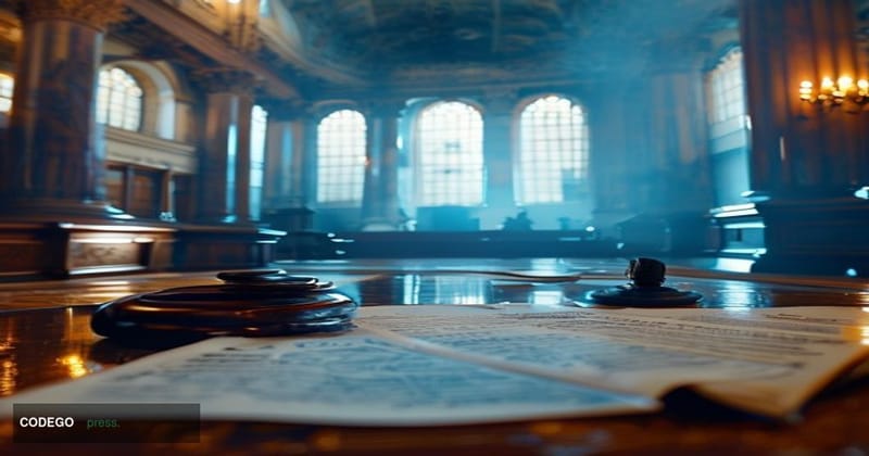 A dramatic cinematic editorial photograph set inside a grand federal courthouse interior, with imposing marble columns and hi