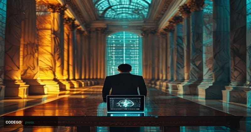 A cinematic editorial photograph shot inside a grand neoclassical government corridor, split compositionally down the center 
