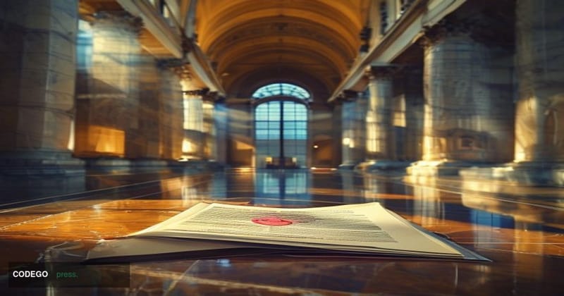 A cinematic editorial photograph set inside a federal courthouse corridor in Washington D.C., with grand marble columns and h