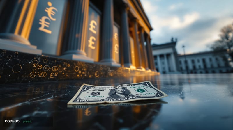 A cinematic editorial photograph shot from a low angle looking up at the facade of the Federal Reserve Building in Washington
