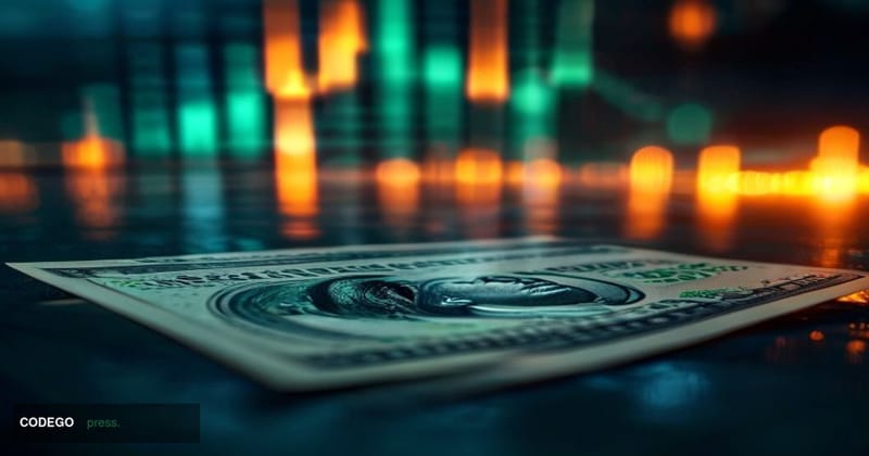 A cinematic editorial photograph capturing the tension between traditional finance and digital assets: in the foreground, a c