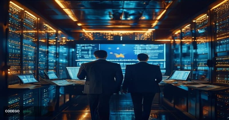 A cinematic editorial photograph set inside a sophisticated European financial institution's server infrastructure control ro
